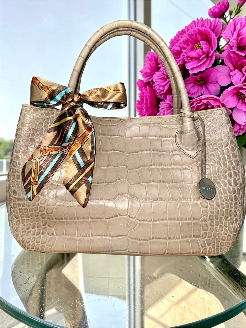 Furla Like New Cream Croc-Embossed Leather Practica Tote Bag